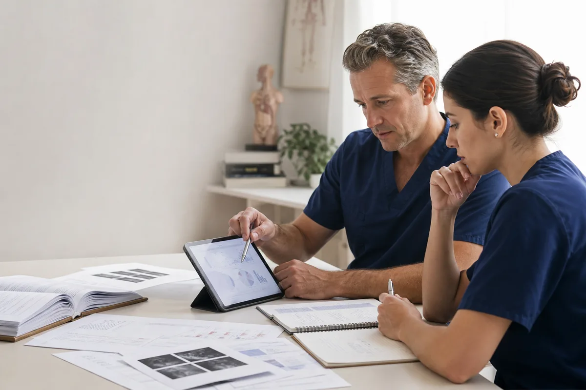 Illustrative scene of two anonymous healthcare professionals reviewing research material