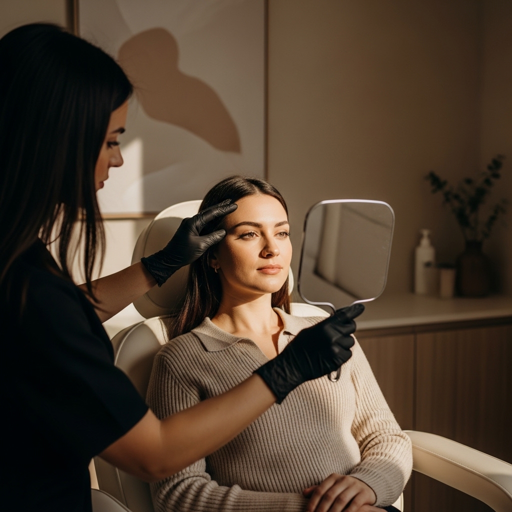 A clinician performing a precise anti-wrinkle injection on a client's forehead.