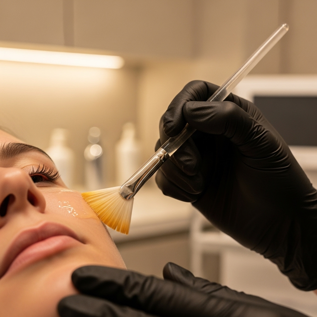 A clinician expertly applying a chemical peel solution to a client's face.