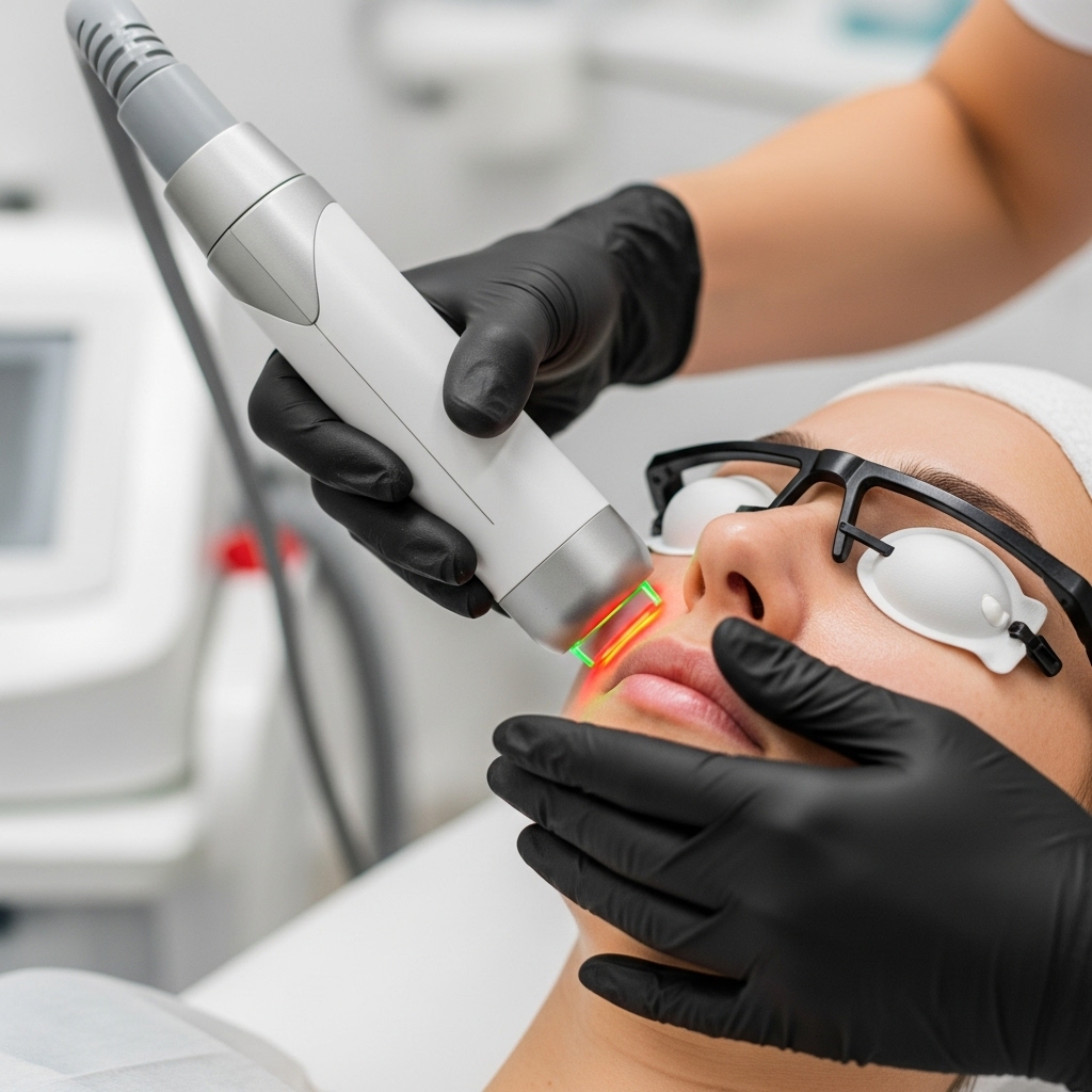 A clinician performing a Laser Genesis treatment on a client's face.