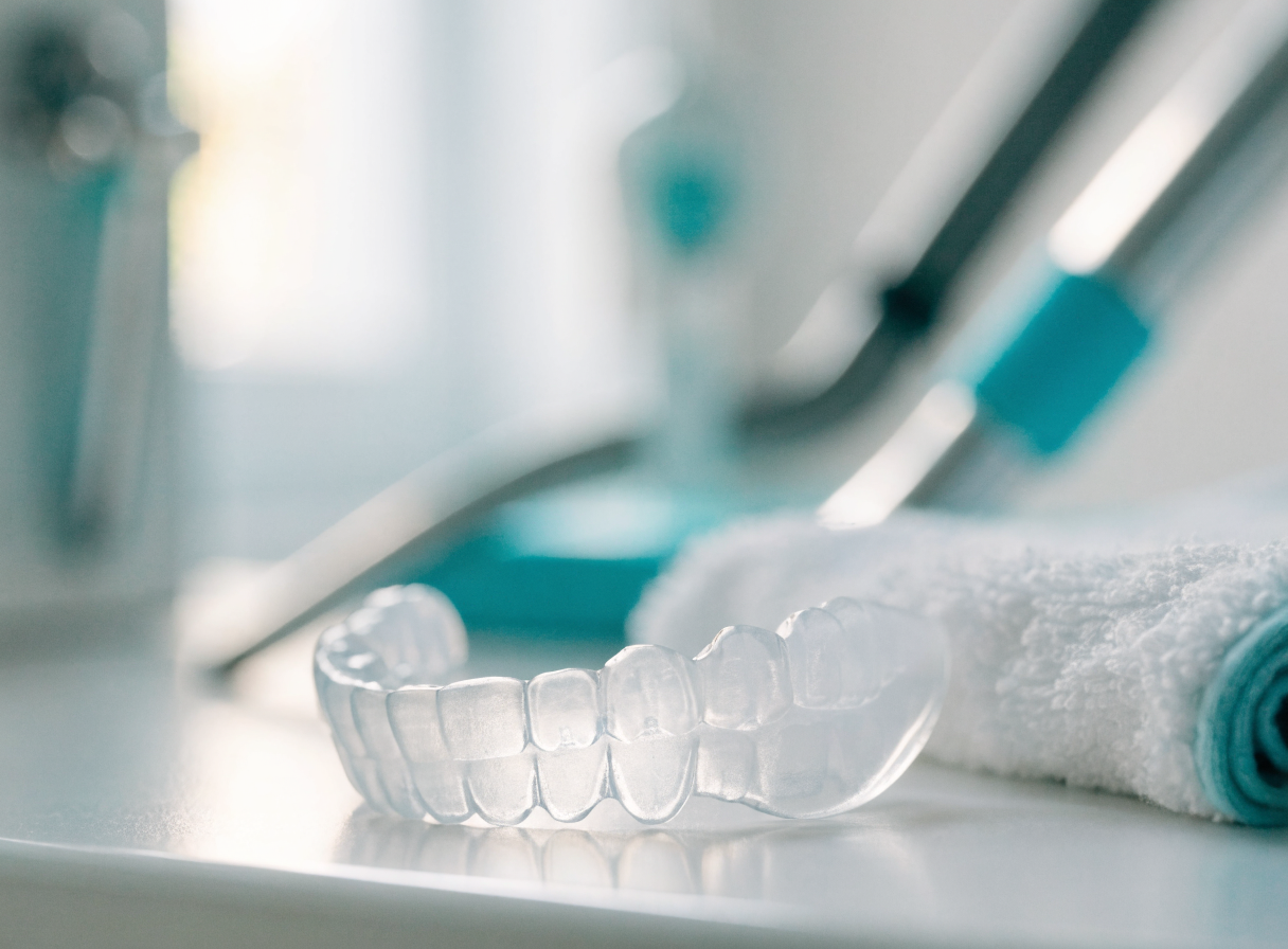 A custom clear night guard on a clean surface at the dental clinic